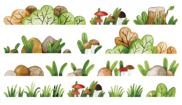 Watercolor image. Set of forest elements. Bushes, mushrooms and herbs. Cute illustration in simple style vector