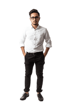 Full length portrait of a handsome young man in white shirt and glasses standing Isolated on transparent background png