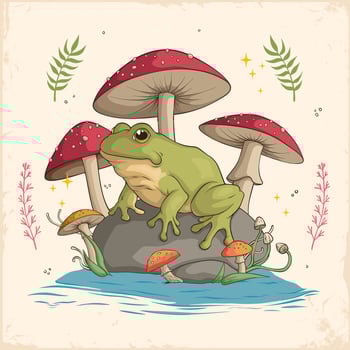 Hand drawn Cottagecore Goblincore Frog sitting on rock,Mushroom and water. Cottagecore style frog vector