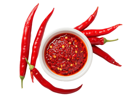 Bowl of chili sauce with chilli pepper isolated on transparent background png