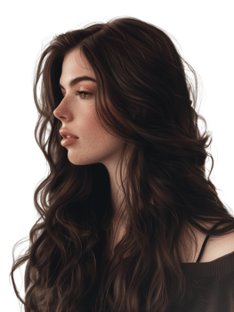 Portrait of a beautiful young woman with long curly hair, isolated on transparent background png