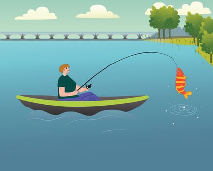 Fisherman catching fish with fishing rod on lake or river. Fisher with rod on boat, summer outdoor leisure activity. vector
