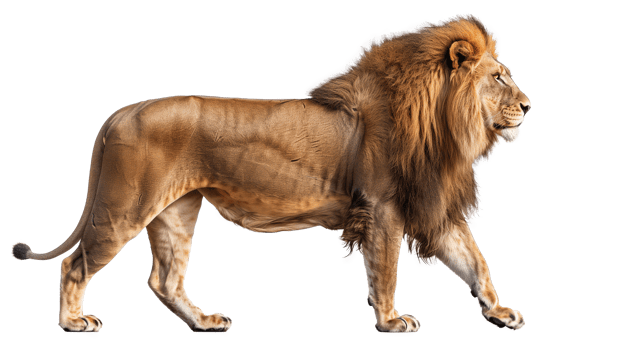 Side view of a male lion walking, isolated on transparent background png