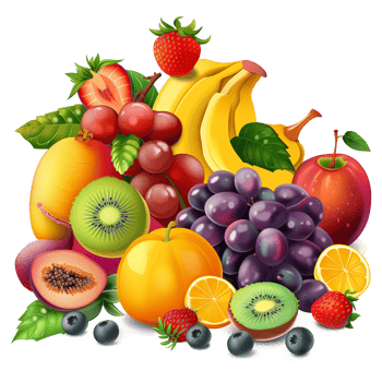 Fruits and berries isolated on transparent background. Fruits and berries background. png