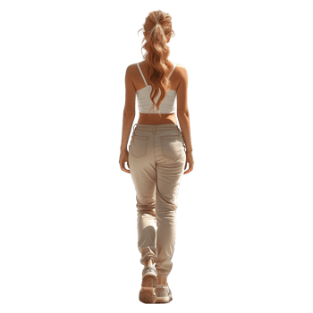 Full length portrait of young woman in jeans and sneakers walking isolated on transparent background png