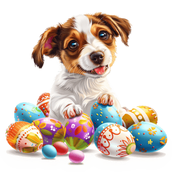 Puppy and easter eggs isolated on transparent background png