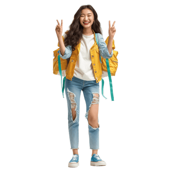 Full length portrait of a smiling young asian woman with backpack showing victory gesture isolated on transparent background png