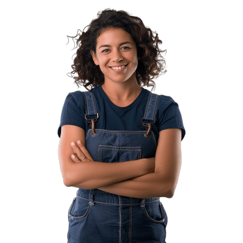 Pretty girl in overalls with arms crossed isolated on transparent background. png