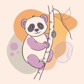 Playful panda bear clinging to a tree branch with a big smile on its face. The panda is surrounded by colorful abstract shapes and patterns logo icon vector