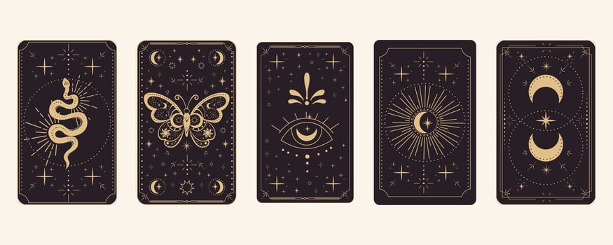 Tarot reverce border magic sacred frame gold line border celelstial mystery esoteric cover card decoration with snake stars and moon on dark background. vector