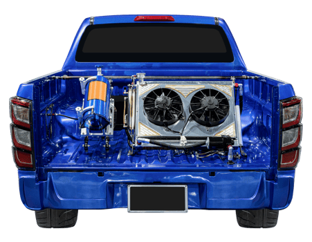 Back view blue truck with nitrous oxide tank and intercooler on truck bed png