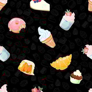 Bright food elements on black background. Cute hand drawn dessert illustration seamless pattern doodles. Design for print fabric or paper. Cafe theme bakery or confectionery. vector