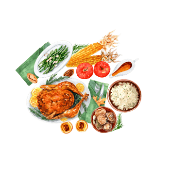 Thanksgiving festive. Hand drawn picture of Aquarelle set of festive dishes png