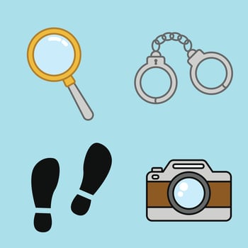 Image elements containing handcuffs, magnifying glass, shoe prints, and camera icons vector