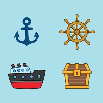 Image elements include anchors, ship's rudders, ships and treasure chests. vector