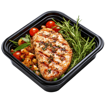Plastic container with grilled chicken breast and vegetables. Healthy meal png