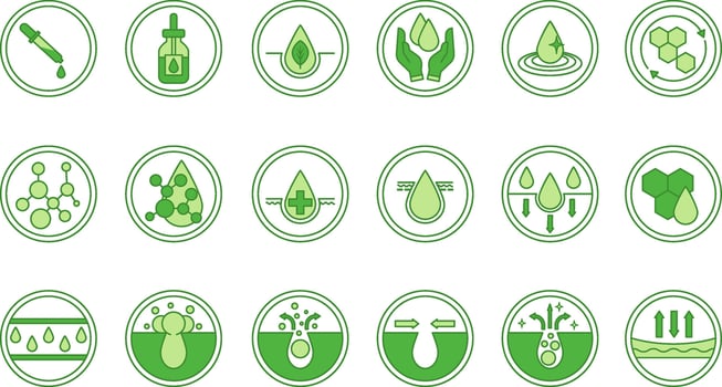 Green Labels for Cosmetic Products Packaging. Skin Care. Icons Acid, Serum, Retinol, Moisturizing, Pure Water, Cell Regeneration, Nourishing Cream, Cleansing Gel, Acne Care, and More vector
