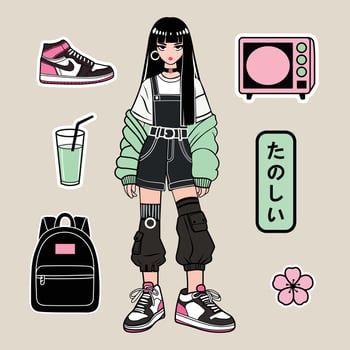 Japan School Girl Trendy Sticker Set vector