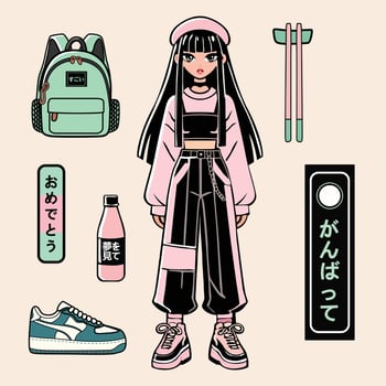 Japan School Girl Trendy Sticker Set vector