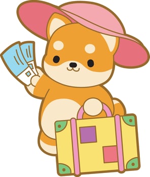 Shiba Inu bring a ticket plane and travelling bag. Cute puppy kawaii dog lovely animal icon. Fluffy Shiba Inu pet stickers. Happy doggy activities illustrations. vector