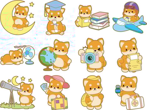 Shiba Inu in the variation of education and smart elements. Cute puppy kawaii dog lovely animal icon. Fluffy Shiba Inu pet stickers. Happy doggy activities illustrations. vector