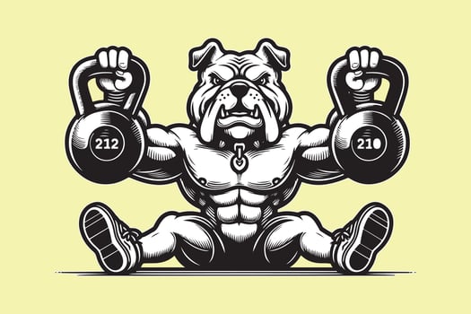 A bulldog with kettlebells on his back vector