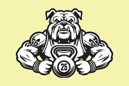 A bulldog holding a kettlebell in his hand vector