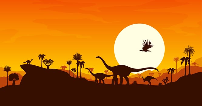 Prehistoric dinosaur animal silhouettes at sunset vector