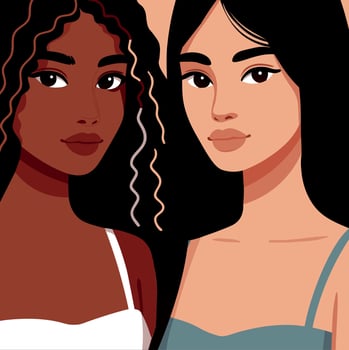 Portraits of two young women, one with dark skin and the other with light skin vector