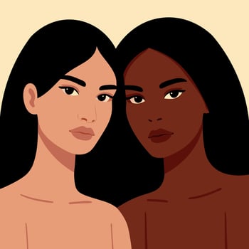 Two young women, one with dark skin and the other with light skin vector