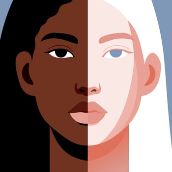 Two parts of women faces, one with dark skin and the other with light skin vector