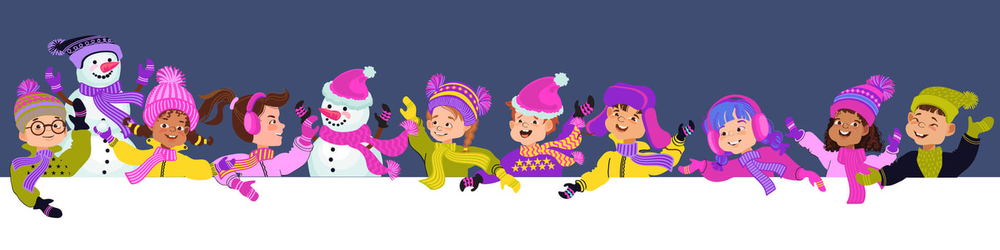 Happy children in bright winter clothes and a snowman. Greeting card or poster template. Cheerful cartoon kids and a place for your text. Flat illustration. vector