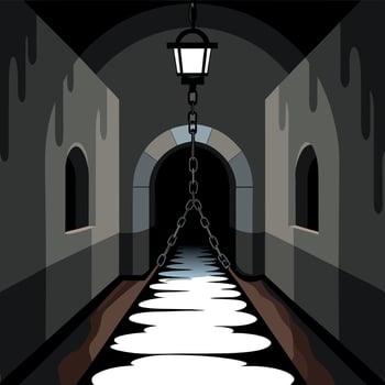 A dark tunnel with a light and chain vector