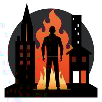 A man standing in front of a fire and buildings vector