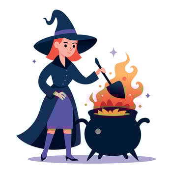 A witch is cooking in a pot with a pot of fire vector