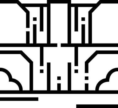 A black and white drawing of a building with a clock vector