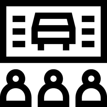 A black and white icon of people in front of a car vector