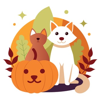 A cat and a pumpkin are sitting next to each other vector