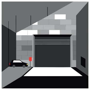 An illustration of a garage with a car parked in front vector