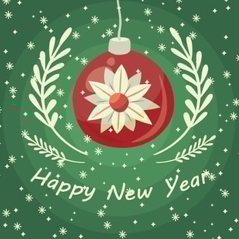 greeting card with christmas tree ball and flower on it. illustration for new year design with green background vector