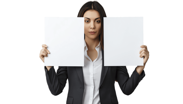 A woman is holding two blank pieces of paper png