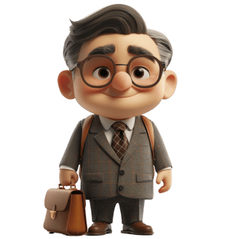 3d cartoon businessman character with glasses and briefcase on transparent background png