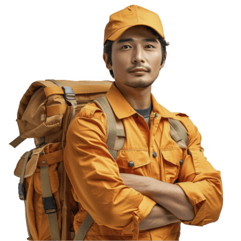 Asian man in orange work clothes with backpack png