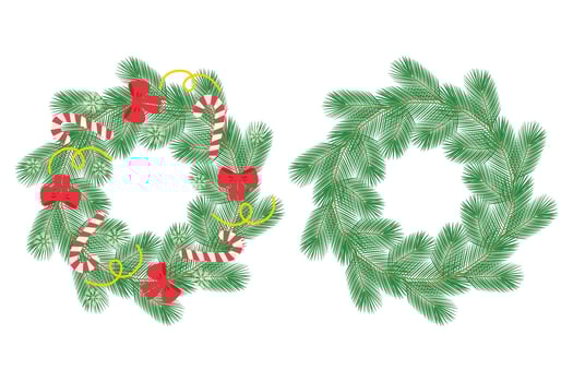 Christmas or New Year evergreen twig wreaths decorated and not. Round frame border Set of 2 Template. Isolated illustration Lettering, cards, poster, flyer, leaflet, banner, label or web, promo vector