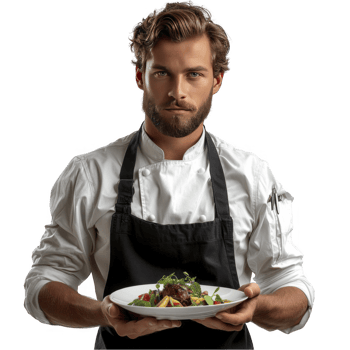 A male chef holding a plate with food png