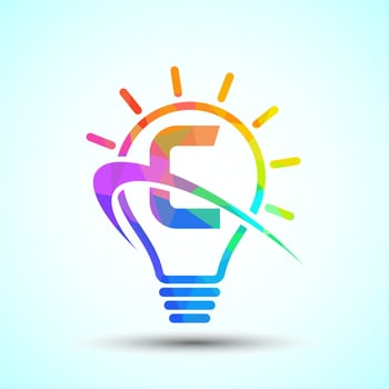 English alphabet C with light bulb and swoosh. Electric bulb logo template. Low poly electricity logo vector