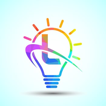 English alphabet L with light bulb and swoosh. Electric bulb logo template. Low poly electricity logo vector