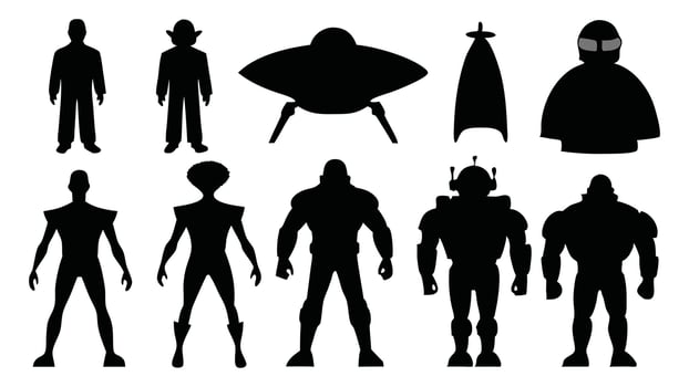 Futuristic retro silhouettes set isolated flat illustration on white background. vector