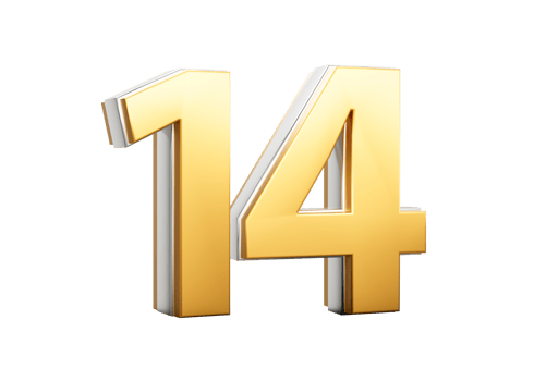 3D Golden Shiny Number 14 Fourteen With Silver Outline 3D Illustration png
