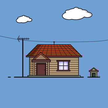 A Cartoon Wooden House With Red Roof And Dog House vector